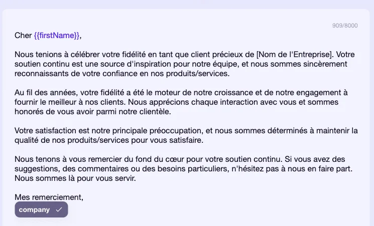 Message d'entreprise félicitant un client pour sa fidélité.