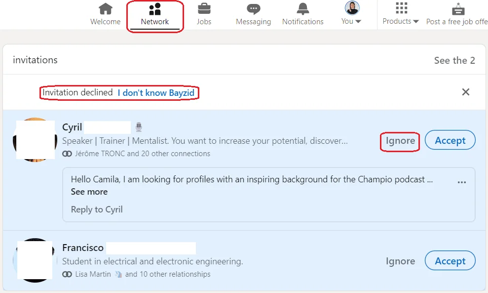 Interface invitations réseau LinkedIn