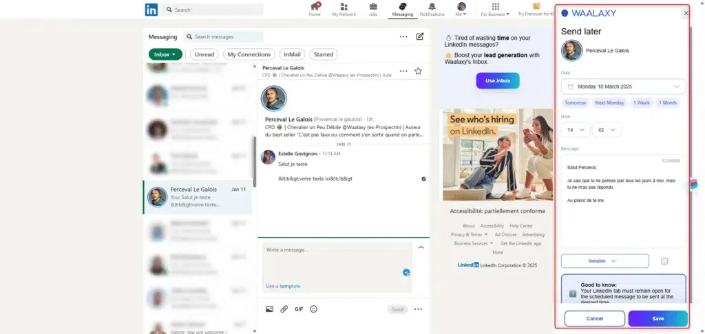 Interface messagerie LinkedIn Waalaxy