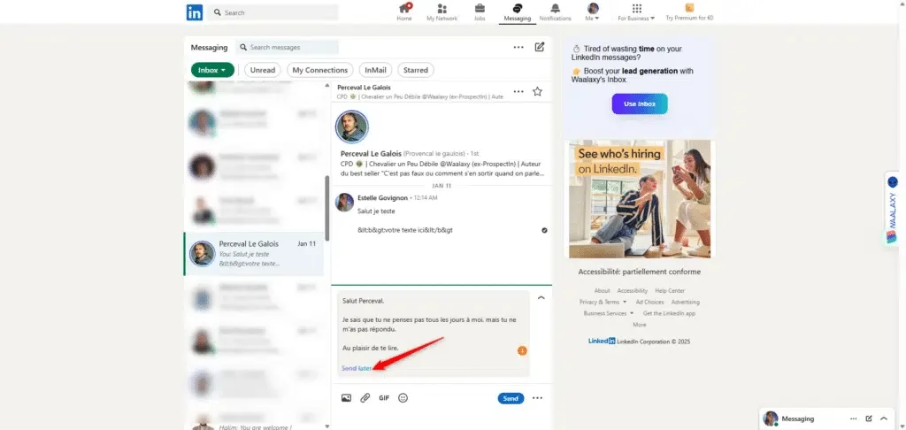 Interface messagerie LinkedIn conversation