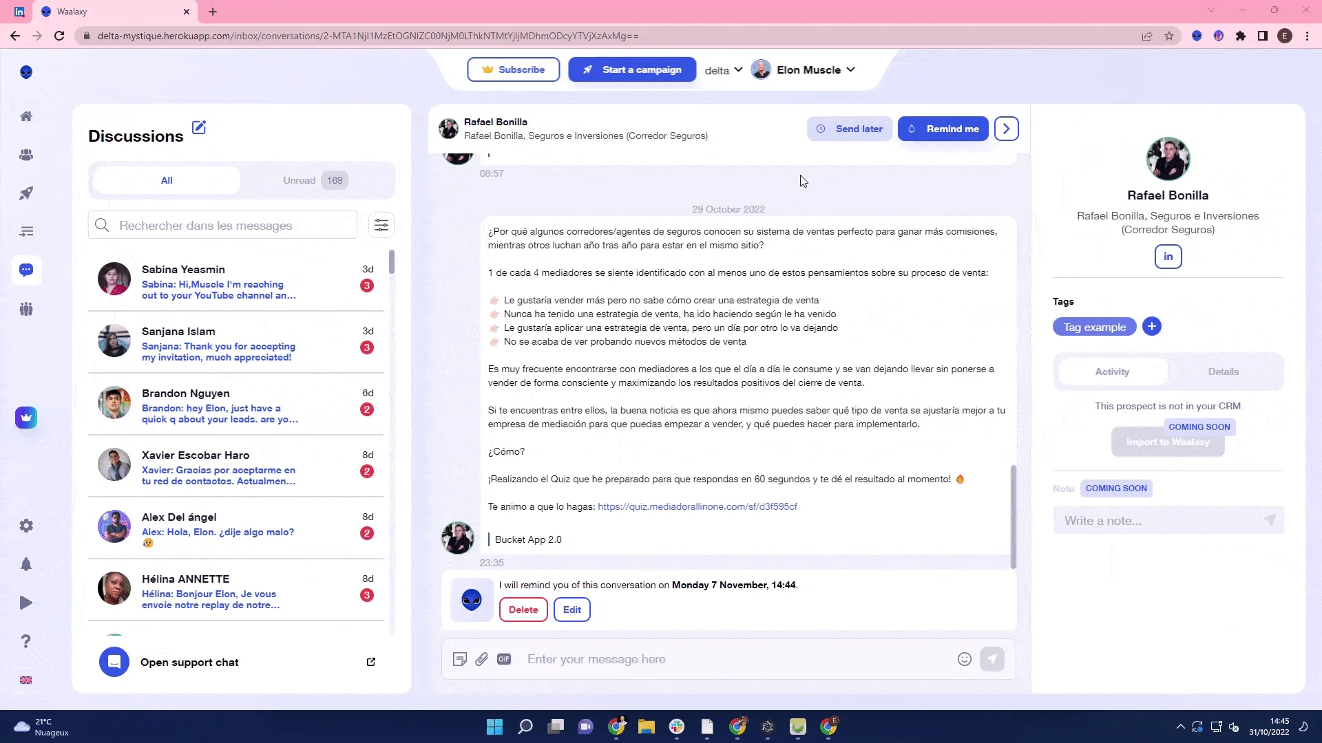 Interface Waalaxy conversations messages LinkedIn