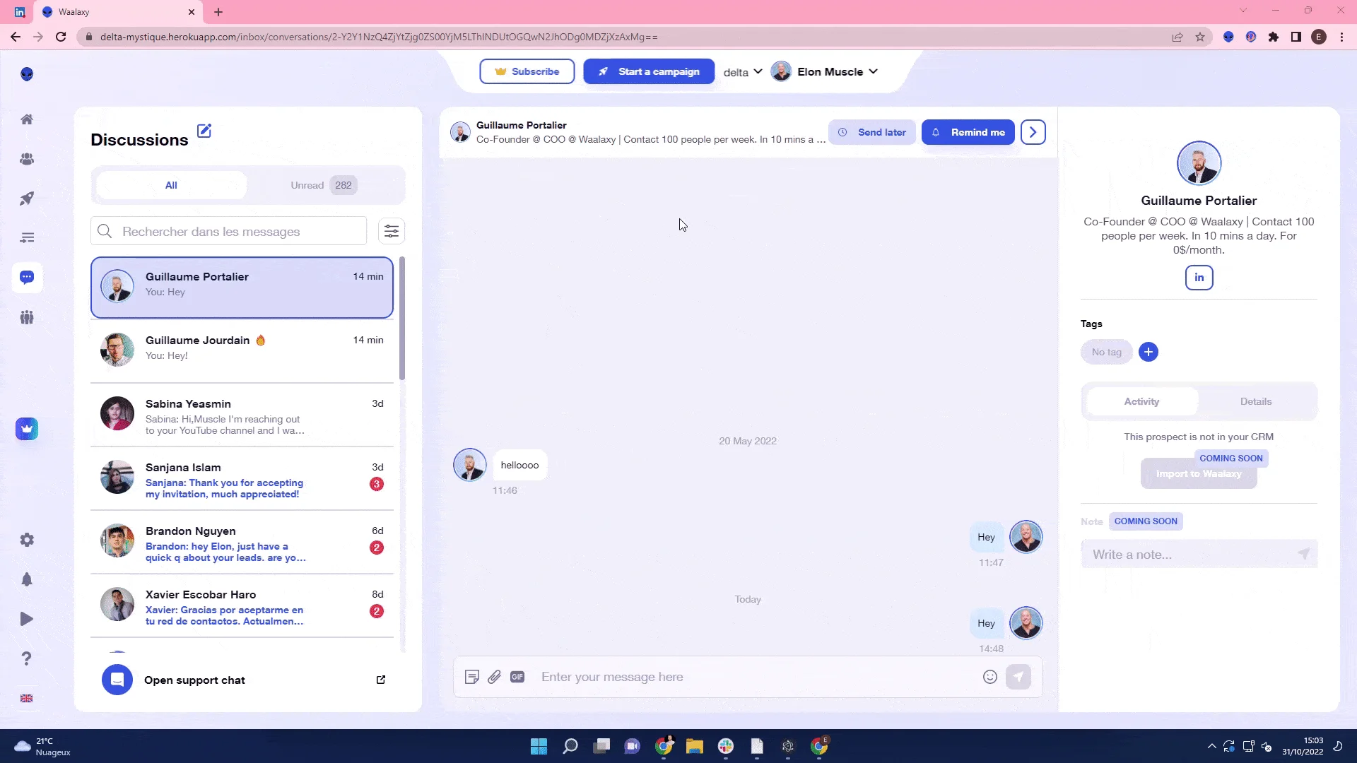 Interface prospection Waalaxy conversations