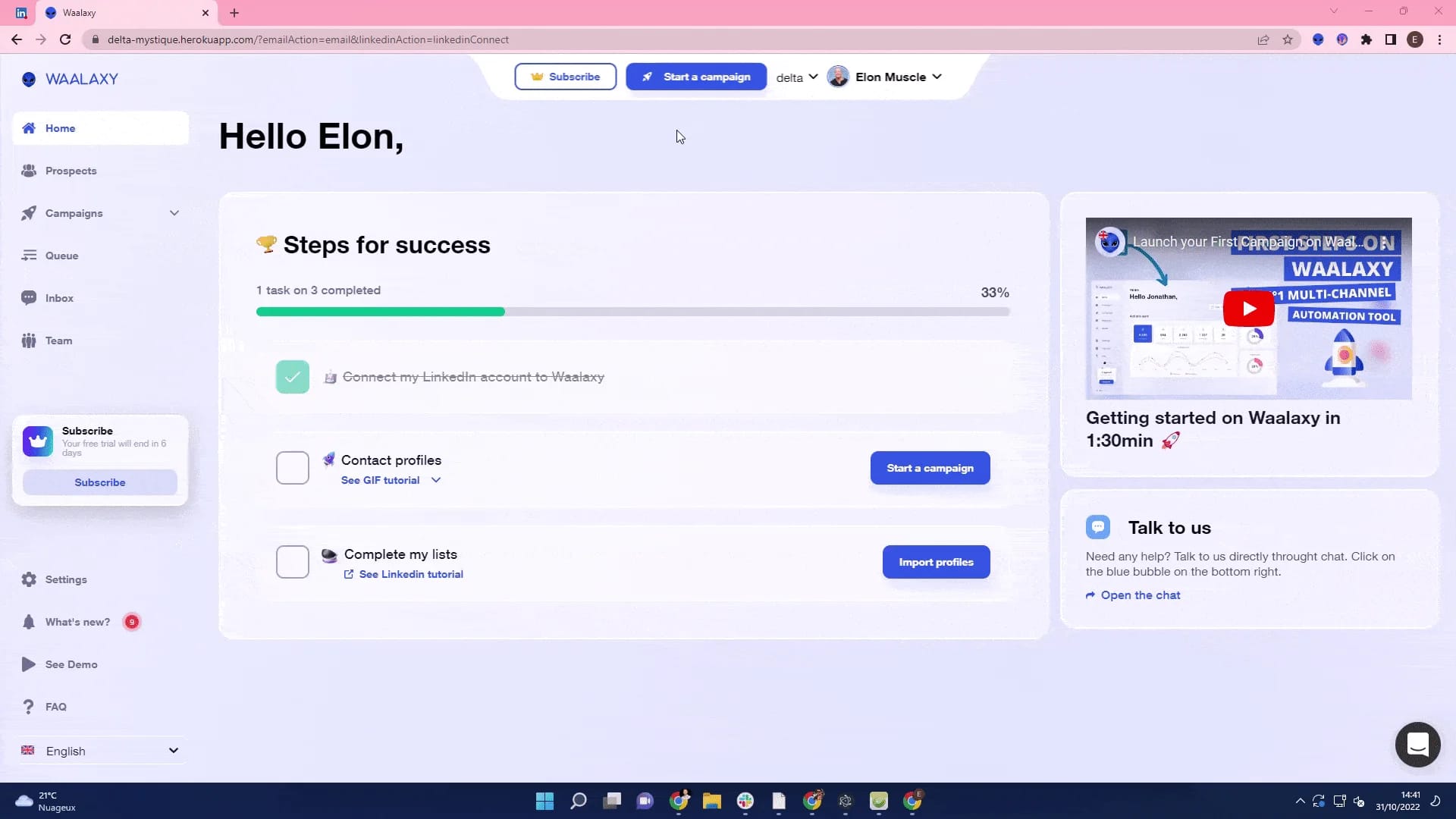 Waalaxy onboarding steps success LinkedIn