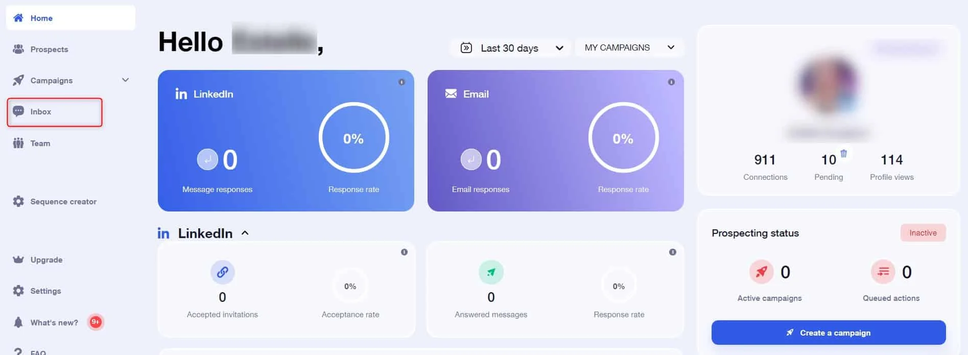 Dashboard Waalaxy statistiques LinkedIn email