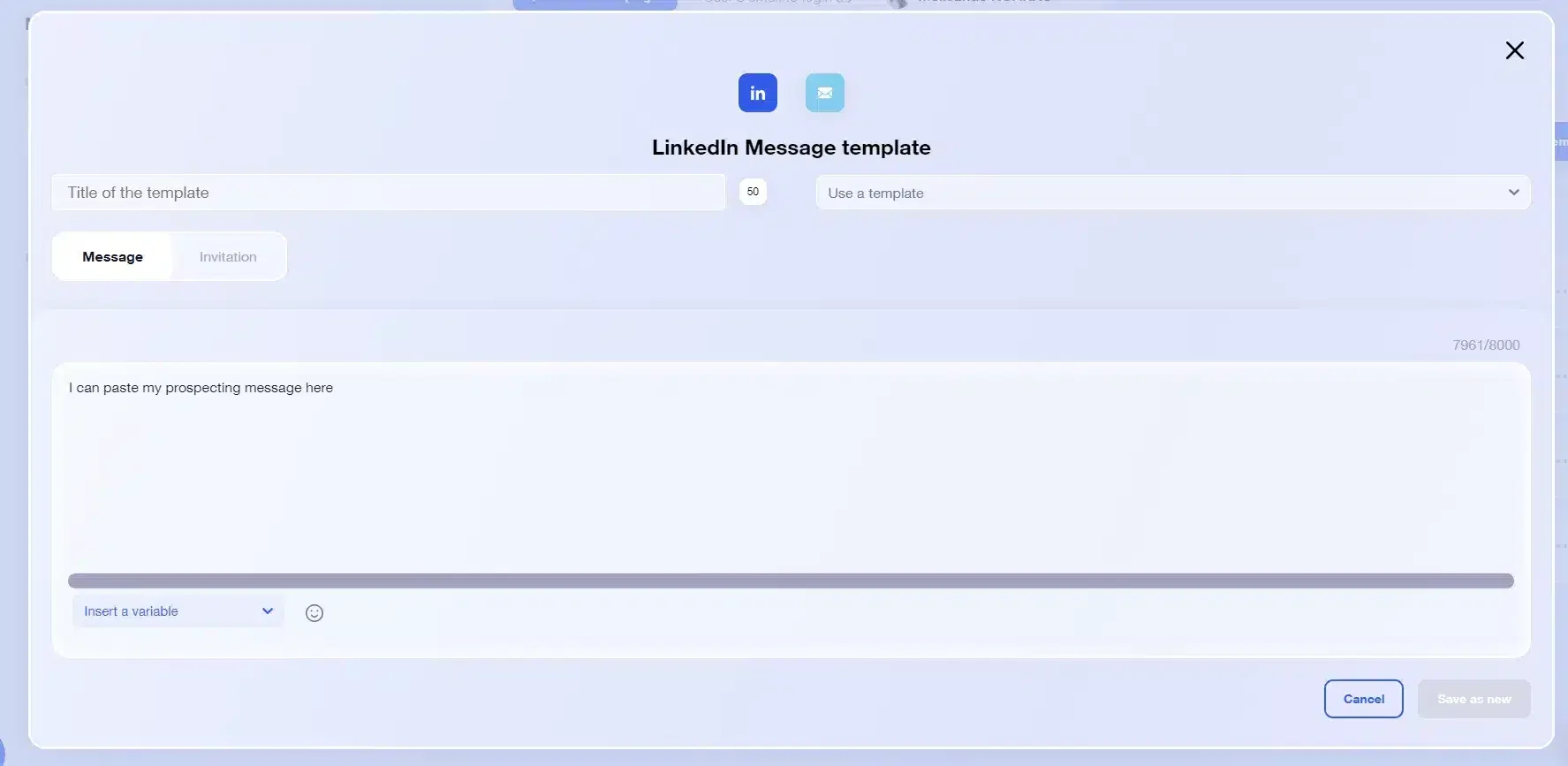 LinkedIn message template Waalaxy