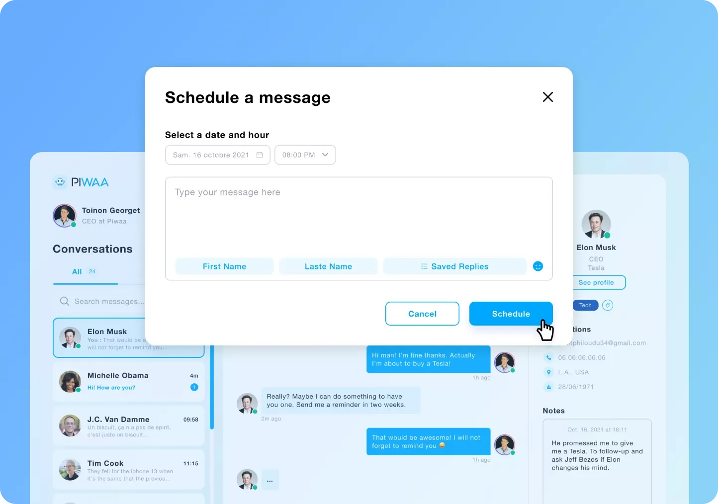 Piwaa planifier message interface