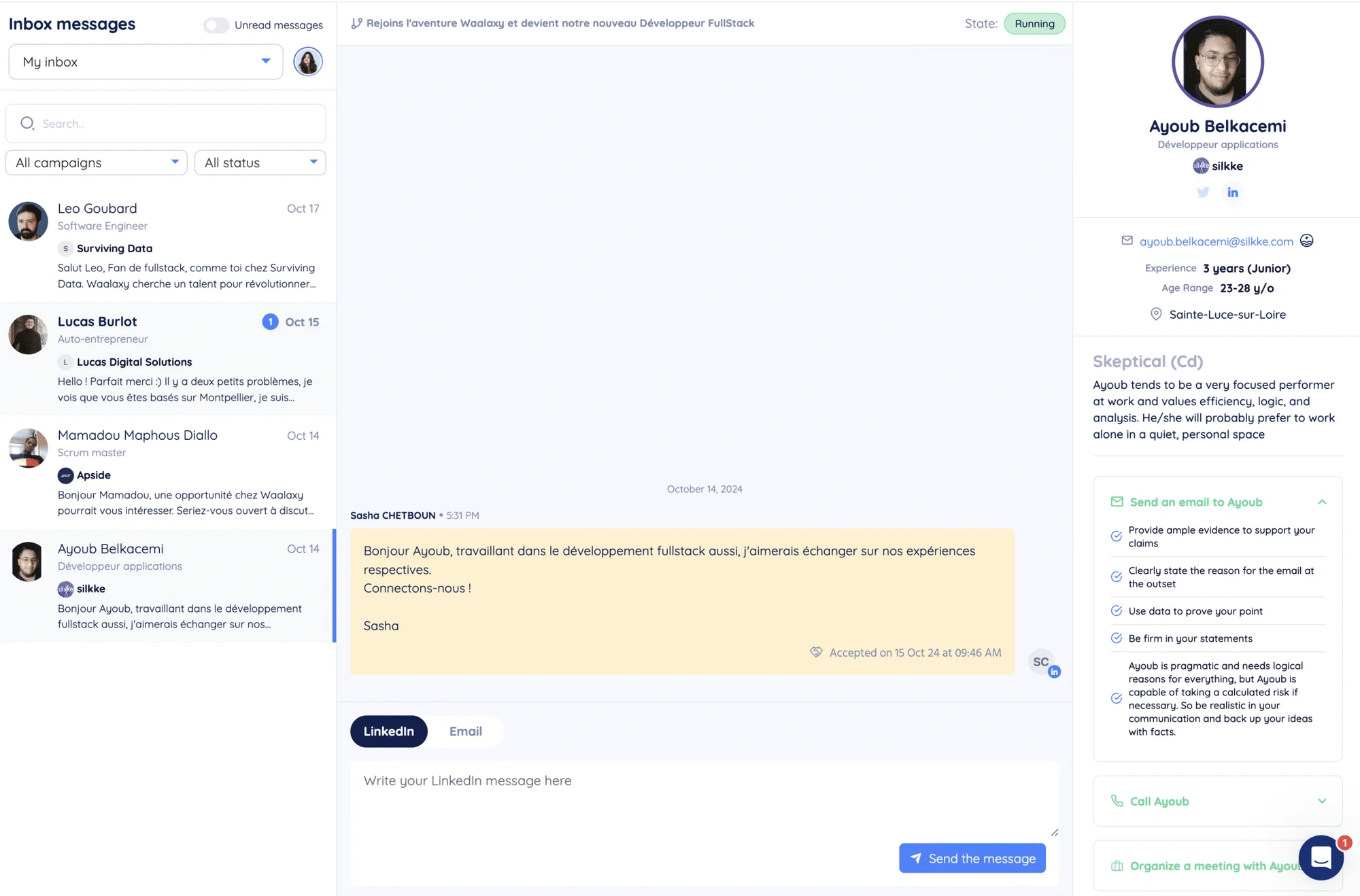 LinkedIn prospecting messages - inbox Waalaxy