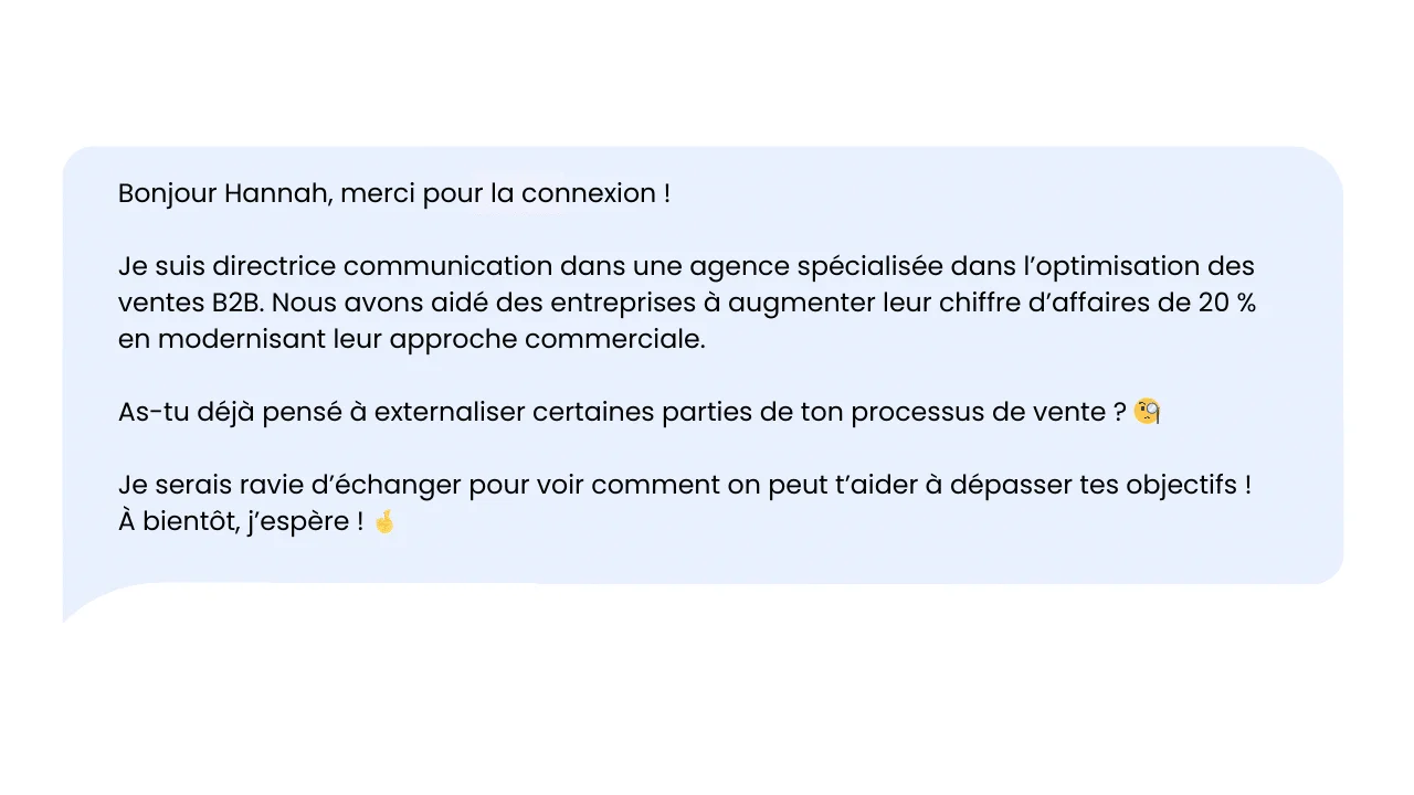 Message de conversation en français sur l'optimisation des ventes B2B.