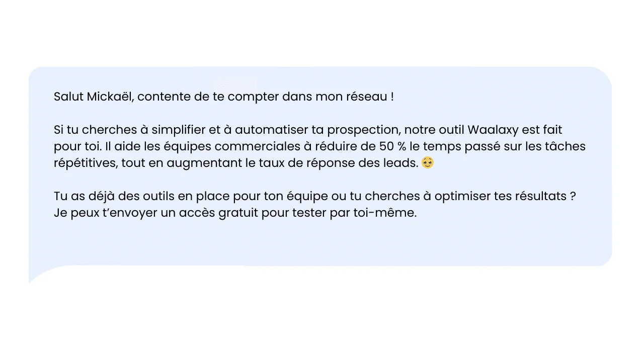 Message de WAALAXY pour Mickaël, promotion d'outil de prospection automatisée.