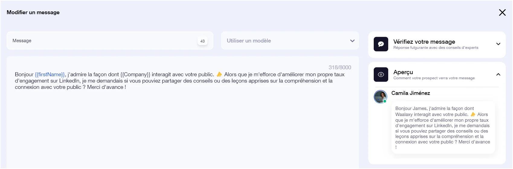 Page de messagerie avec un message en cours d'écriture, vérification et aperçu des messages existants.