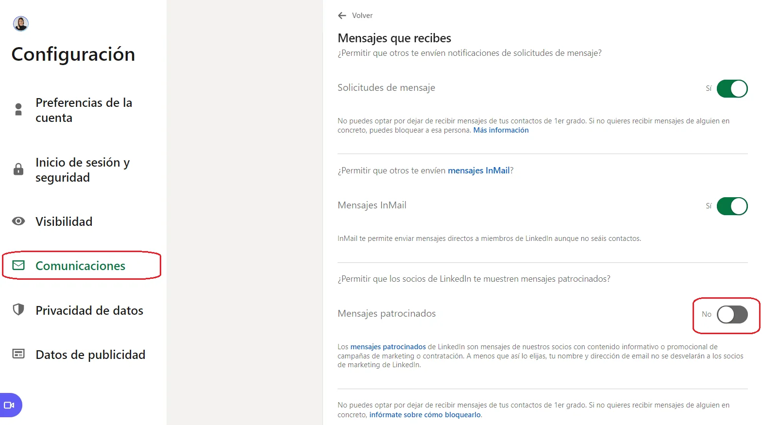Configuración de mensajes LinkedIn comunicaciones