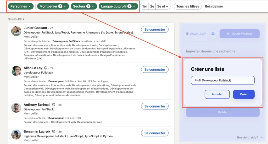 Page web d'emploi avec filtre pour recherche de développeurs FullStack en Montpellier.