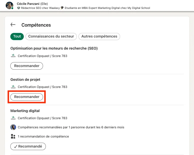 LinkedIn Outreach : recommandation de compétences.