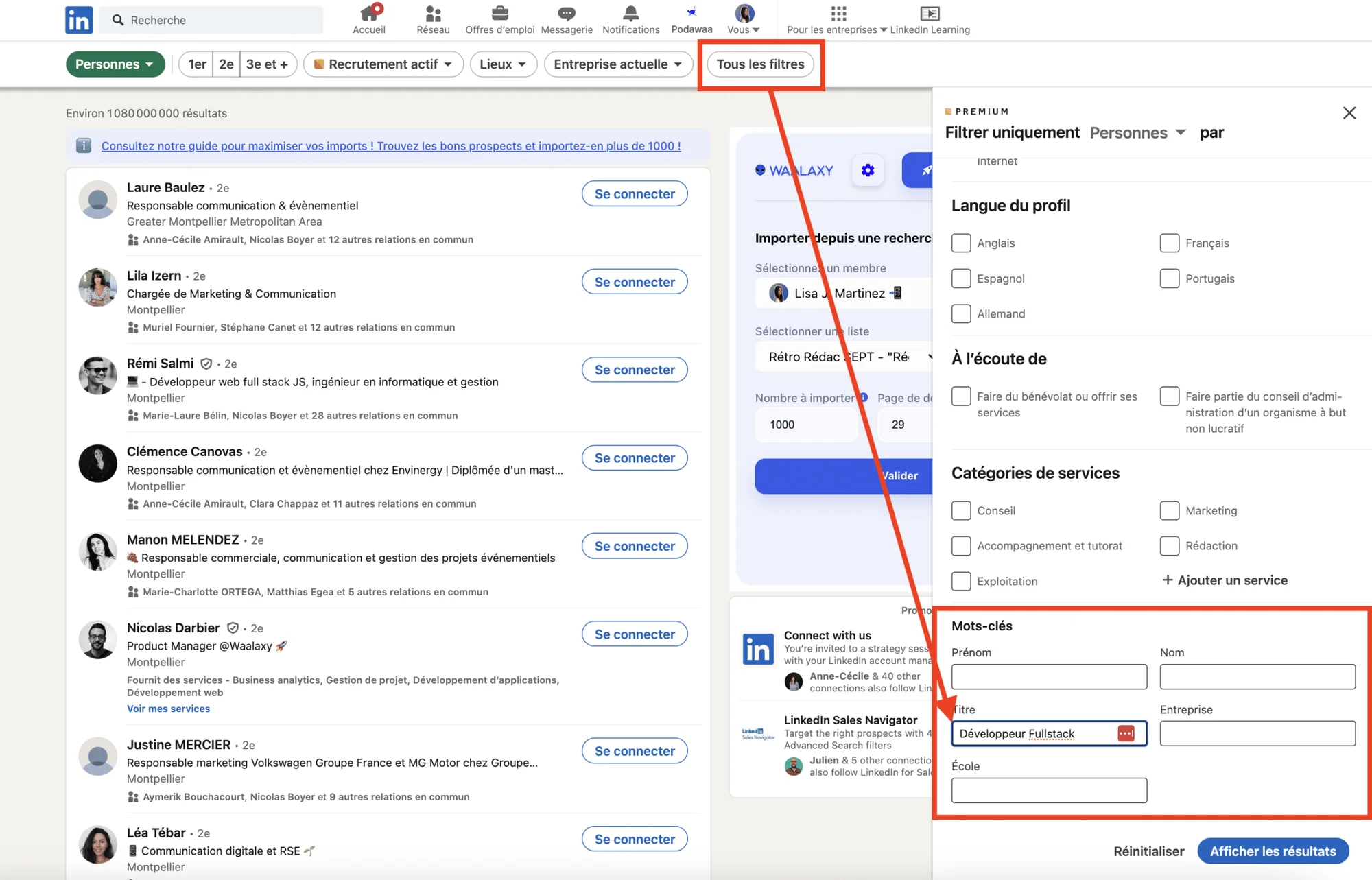 Page LinkedIn, filtre "Tous les filtres" sélectionné, formulaire de recherche d'emploi ou de candidat.