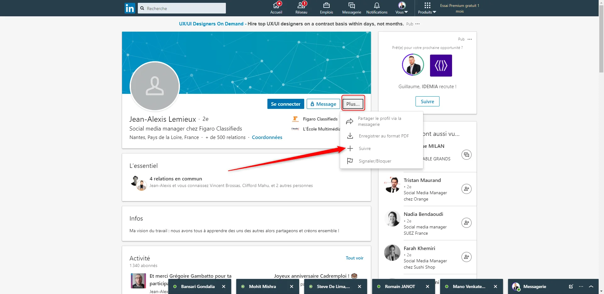 Page LinkedIn avec profil d'utilisateur, boutons "Message" et "Profil", section "L'essentiel".