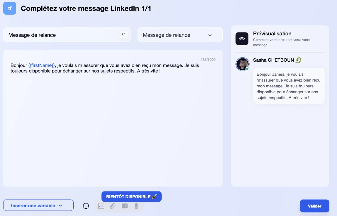 Interface de rédaction d'e-mail LinkedIn avec champ de texte, prévisualisation et bouton "Valider".