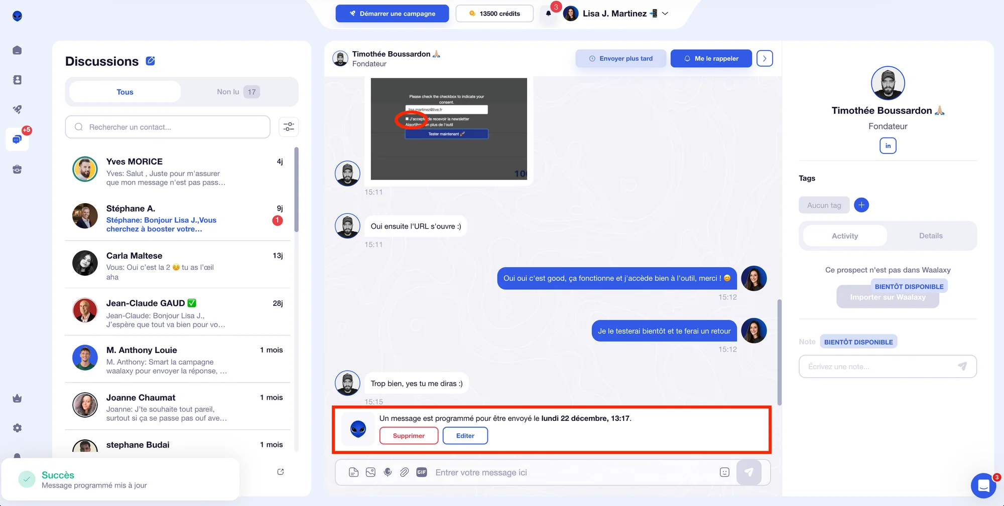 Modifier ou annuler un message programmé dans Waalaxy.