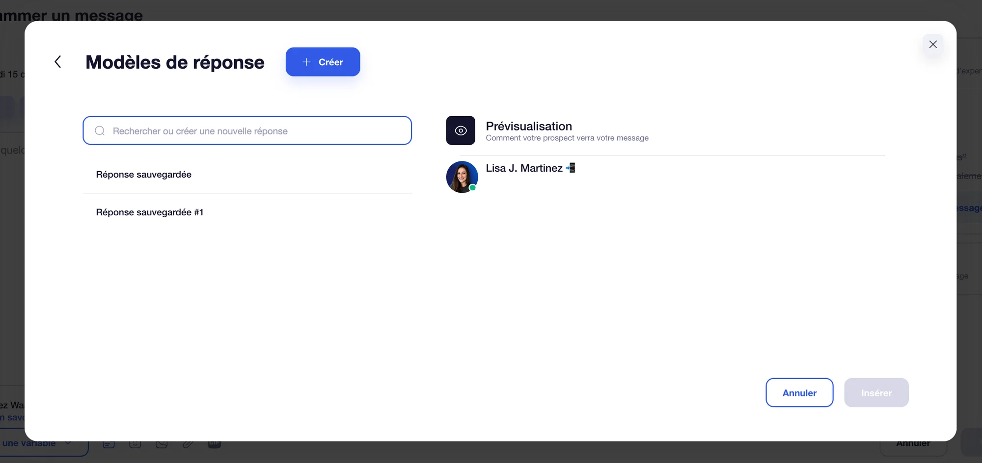 Modèles de réponse pré-enregistrées pour message LinkedIn Waalaxy.