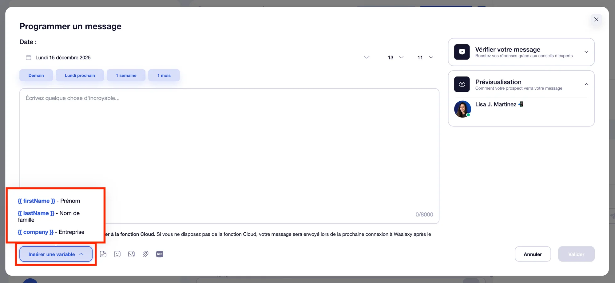 Programmer et personnaliser message LinkedIn avec Waalaxy.
