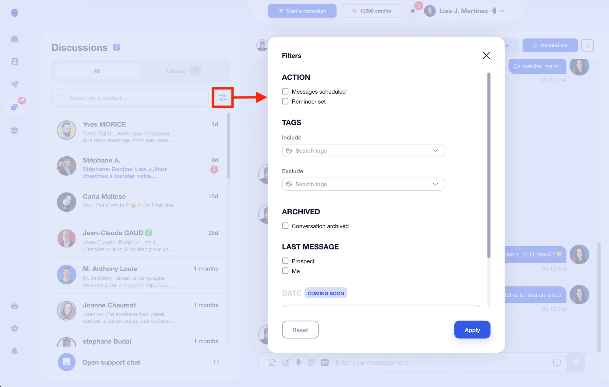 Waalaxy Inbox conversation filters.