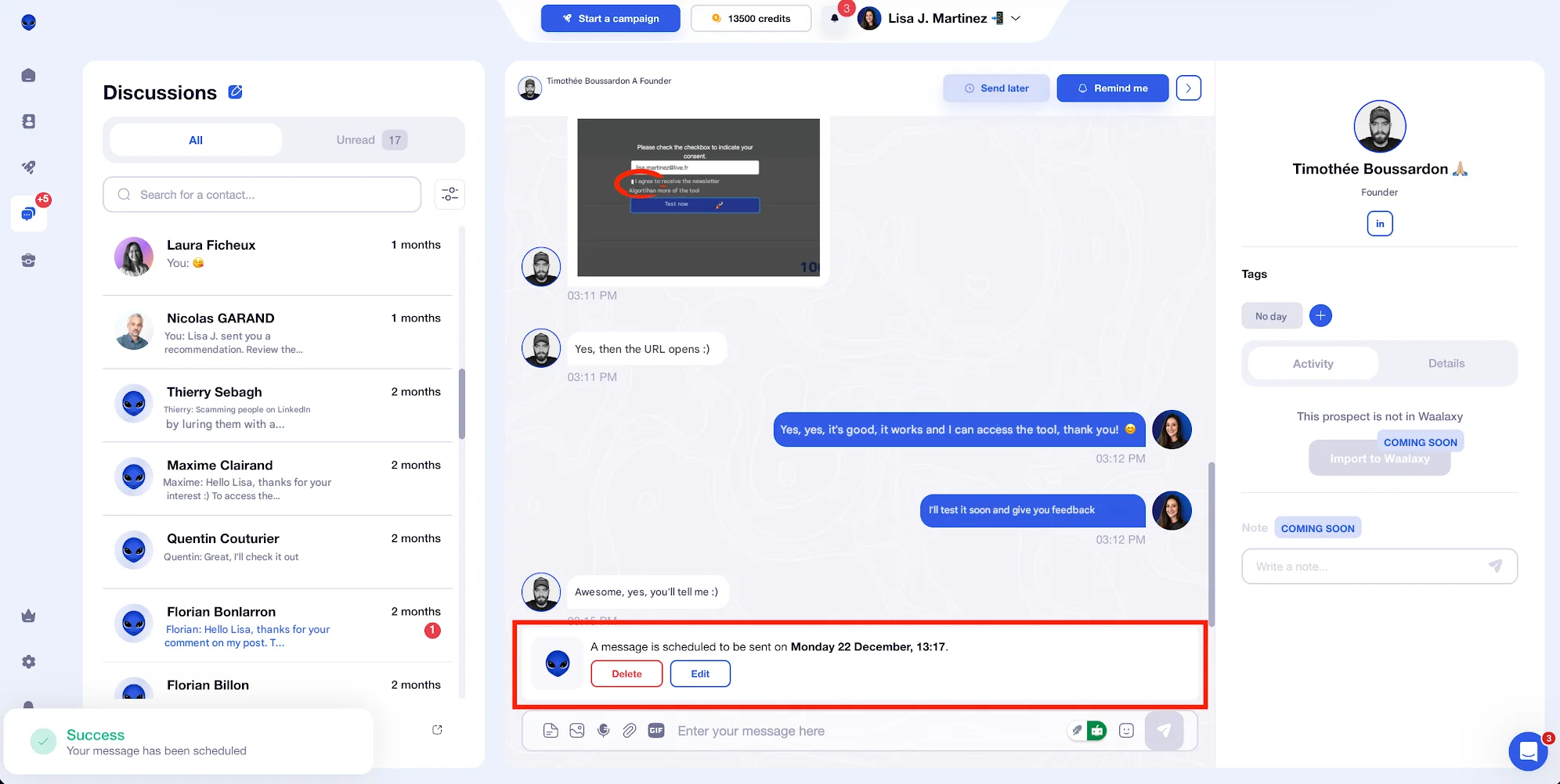 Modify or cancel a scheduled message in Waalaxy.