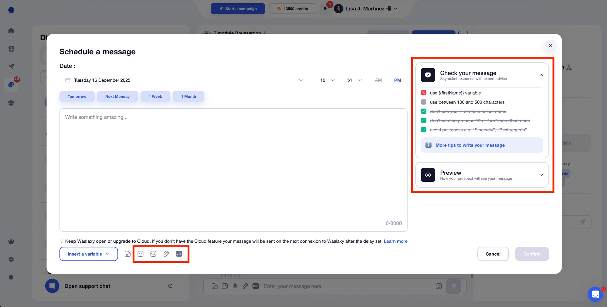 Enrich and verify the scheduled message in Waalaxy.