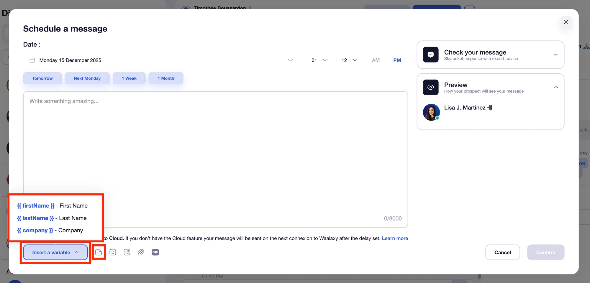 Schedule and customize LinkedIn messages with Waalaxy.