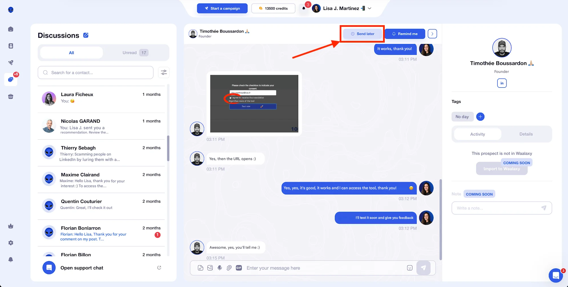 Schedule LinkedIn messages in Waalaxy.