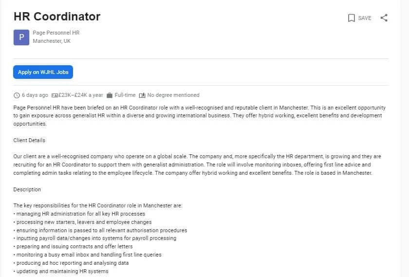 HR coordinator job posting Manchester