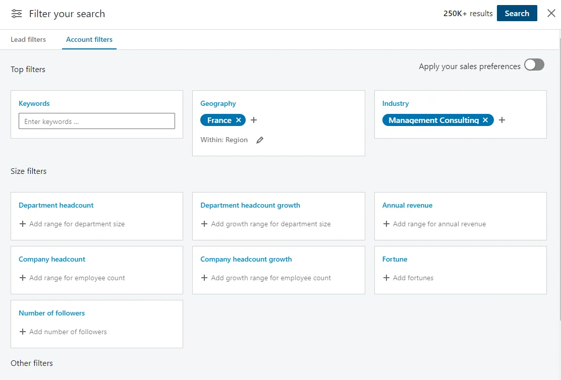LinkedIn Sales Navigator account filters panel