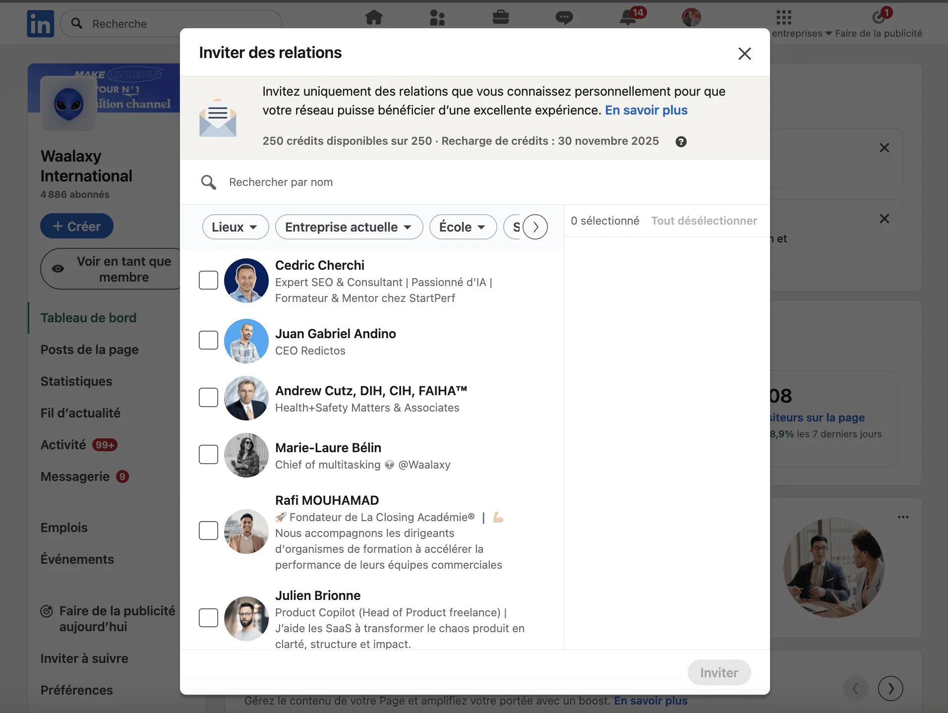 invitation de relation à une page entreprise LinkedIn
