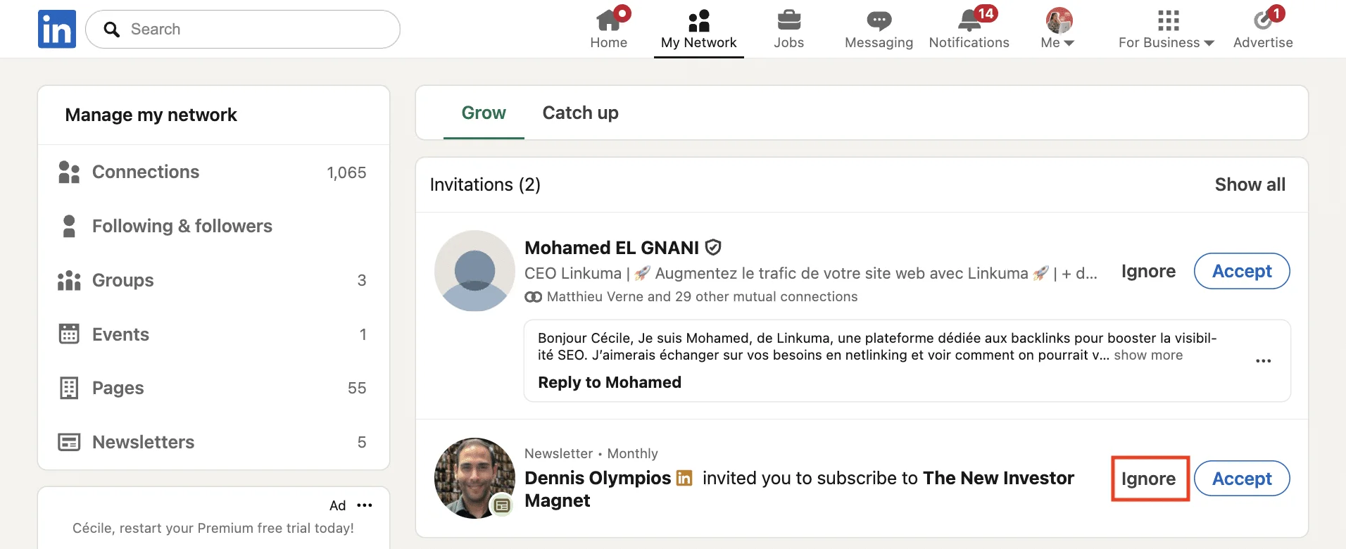 ignore LinkedIn connection request
