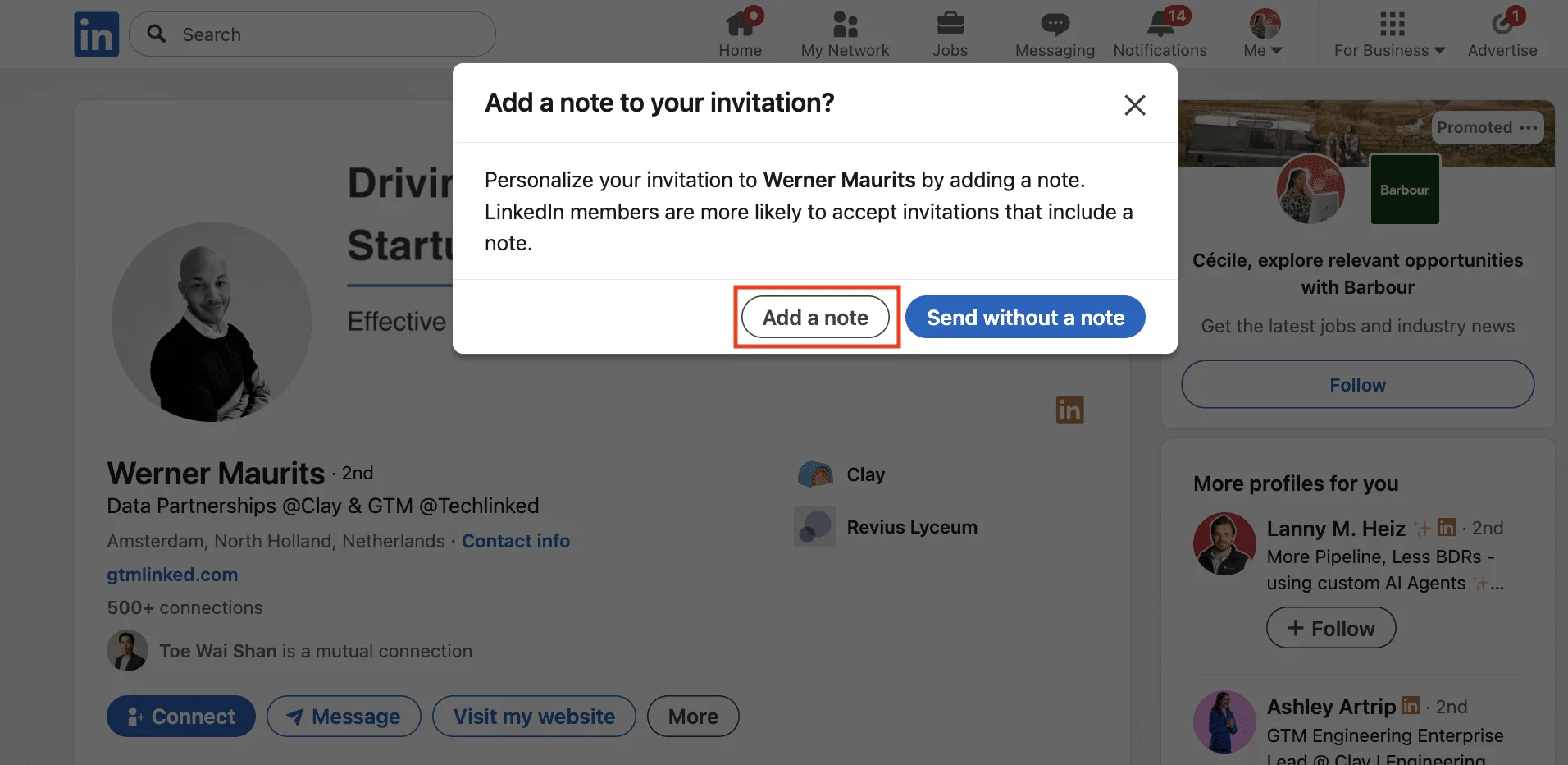 LinkedIn connection request add a note