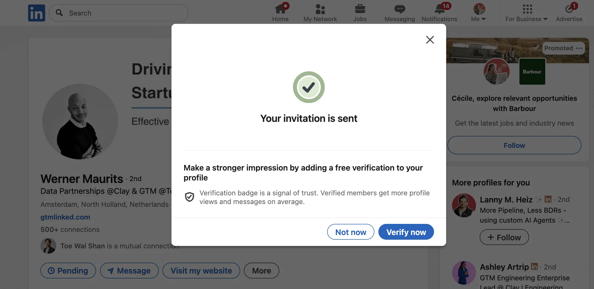 LinkedIn connection request sent