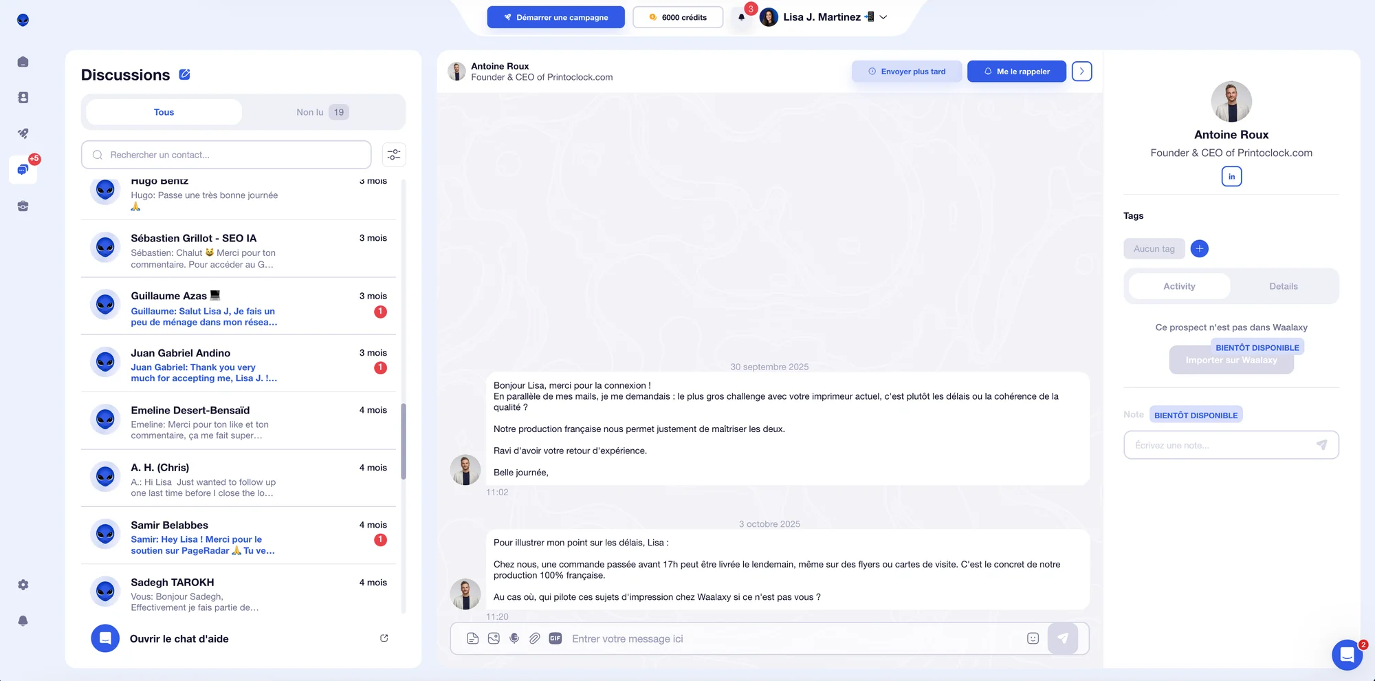 Interface de l'inbox Waalaxy