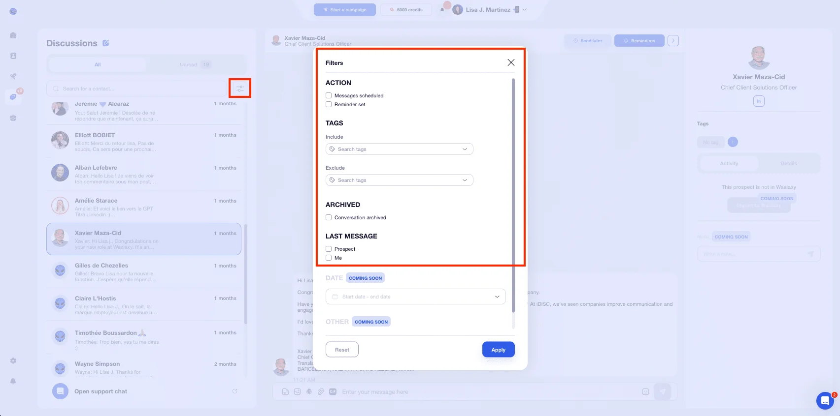 Inbox Waalaxy filters