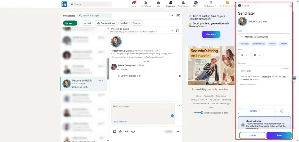 Two LinkedIn user interface screens showing profiles and messages.