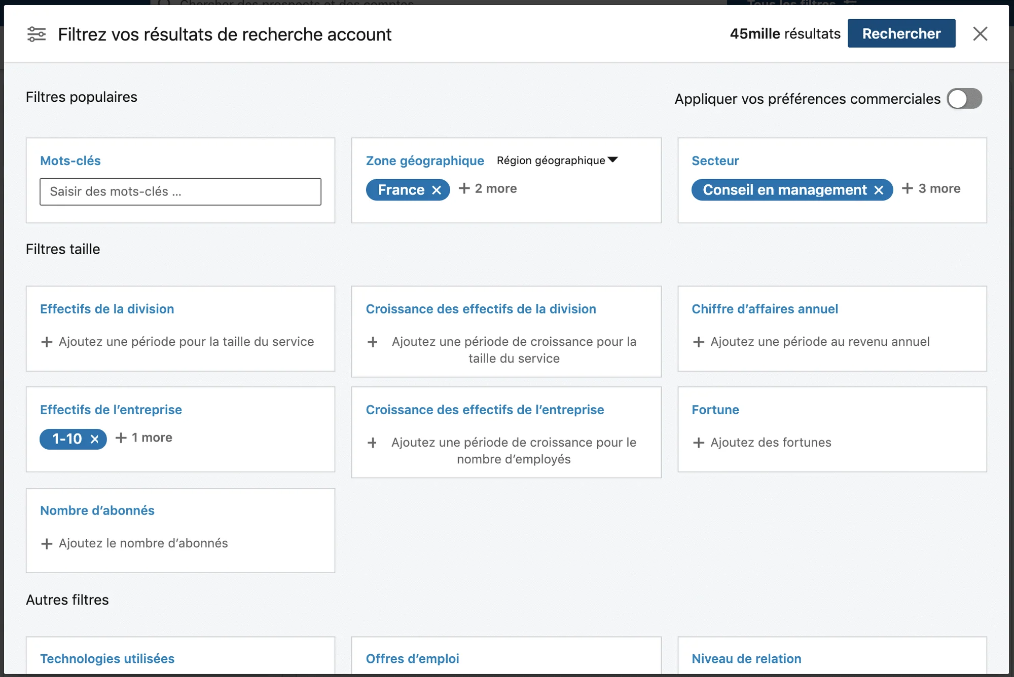 Interface filtres recherche compte LinkedIn