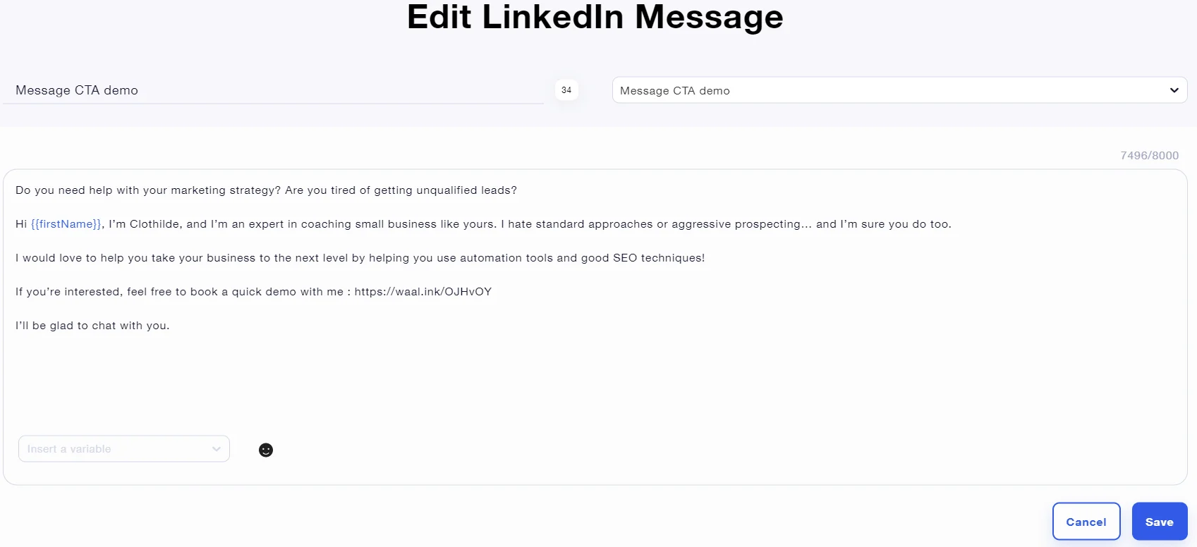 Edit LinkedIn message Waalaxy demo