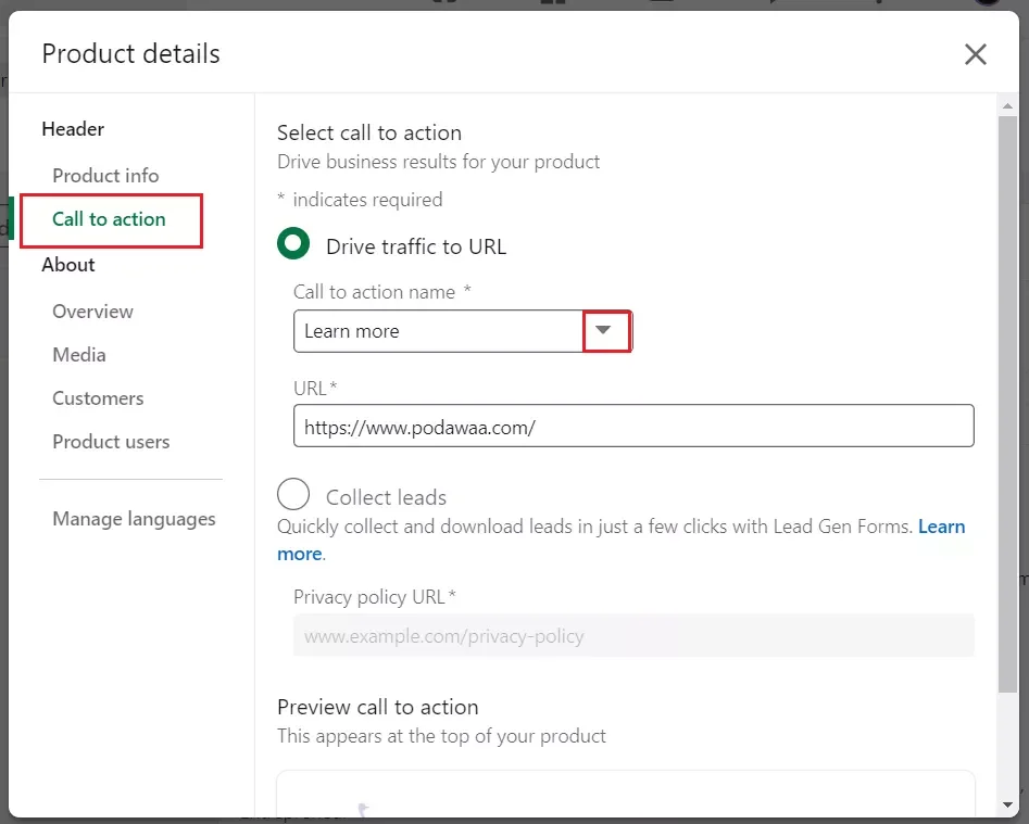 Configuration call to action Google Products