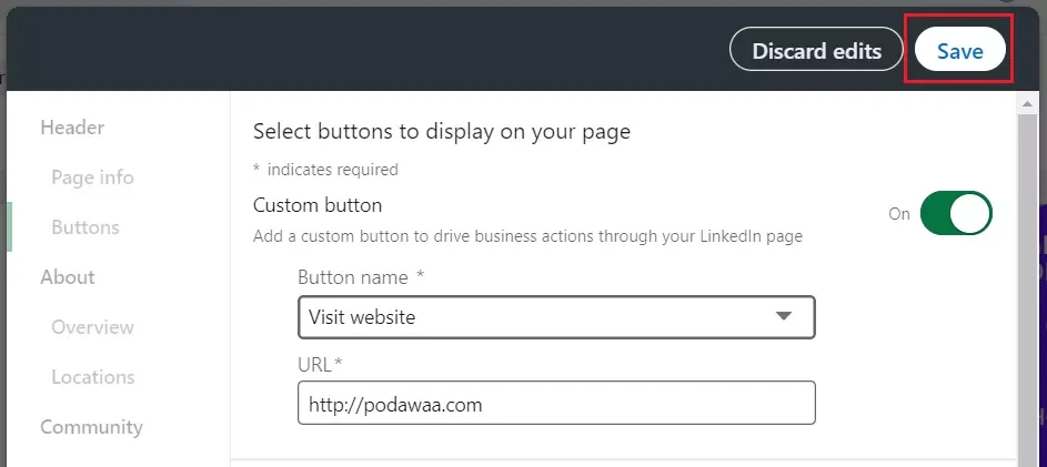 Configuration bouton personnalisé LinkedIn page