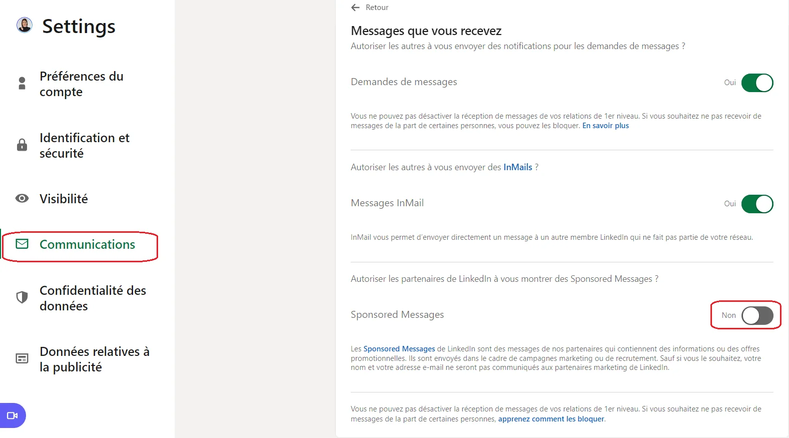 Page de paramètres de LinkedIn, onglet "Communications", option "Sponsored Messages" activée.