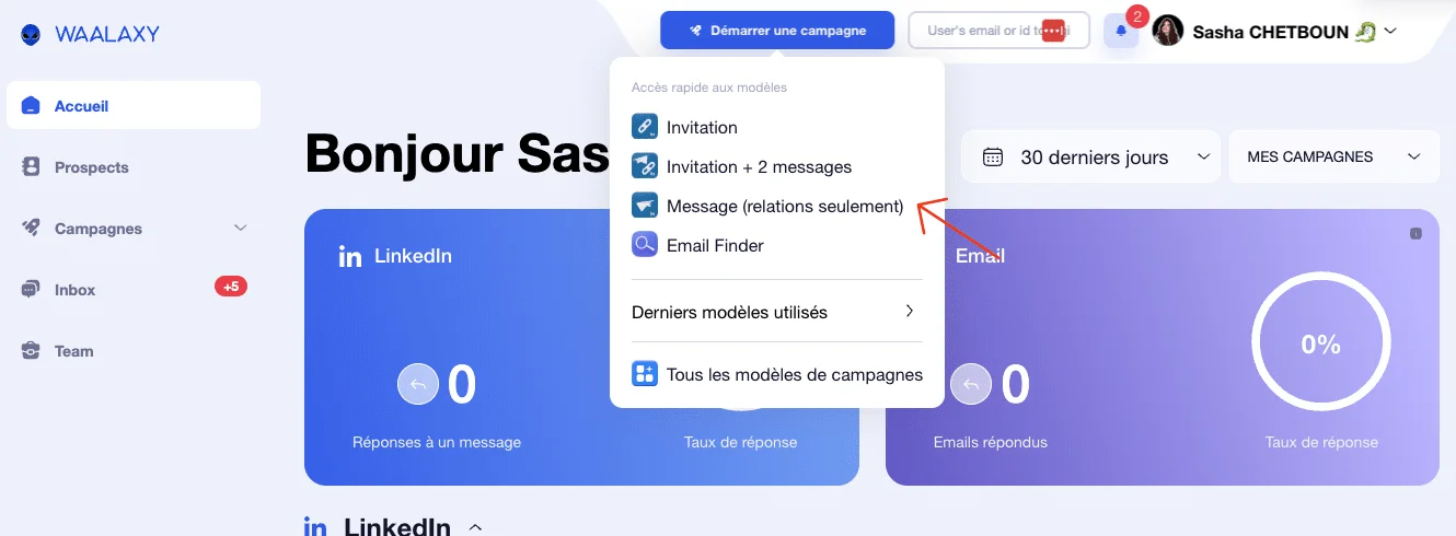 envoyer un message à tous ses contacts - dashboard waalaxy