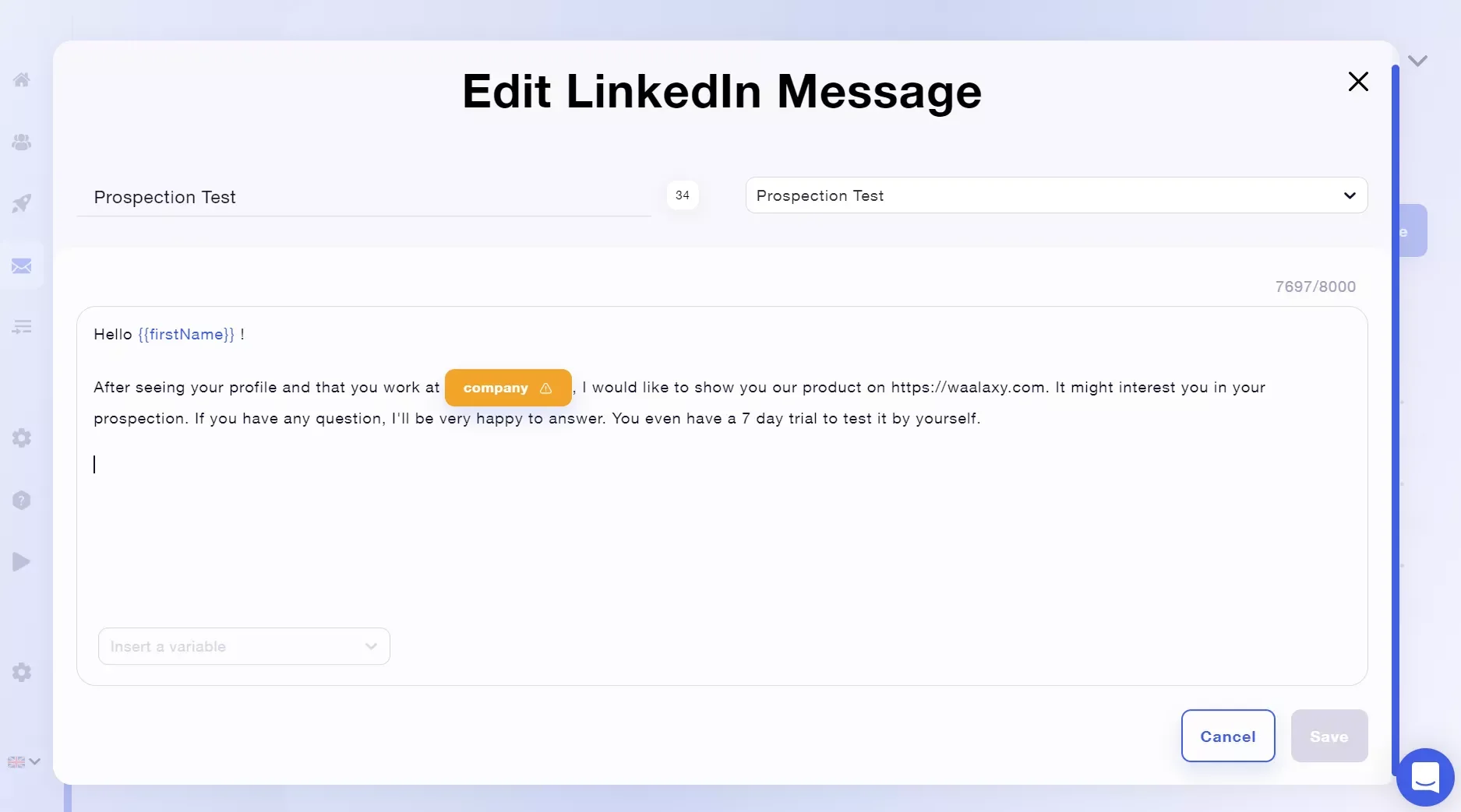 Edit LinkedIn message Waalaxy template