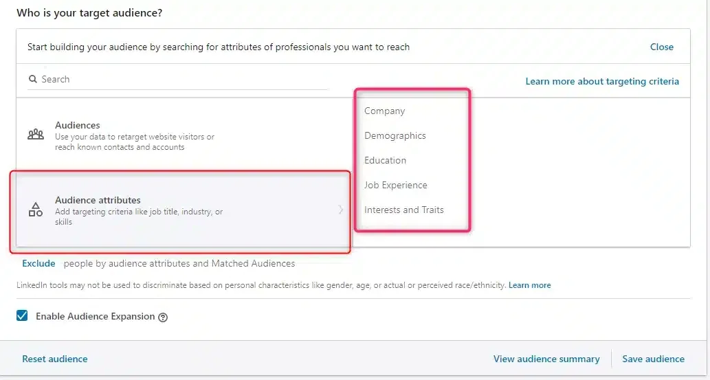 Interface ciblage audience LinkedIn ads