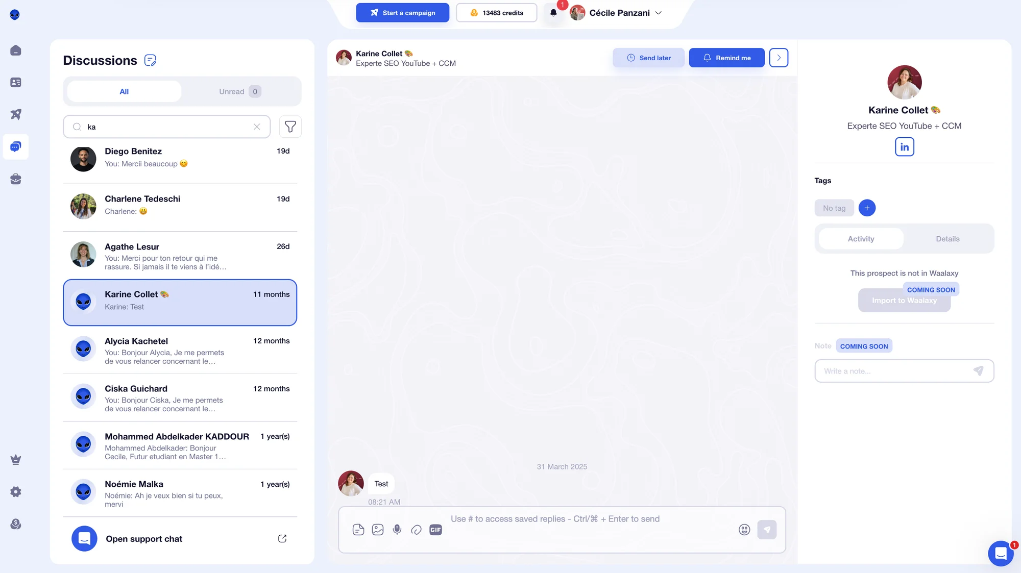 Inbox Waalaxy interface to manage LinkedIn messages