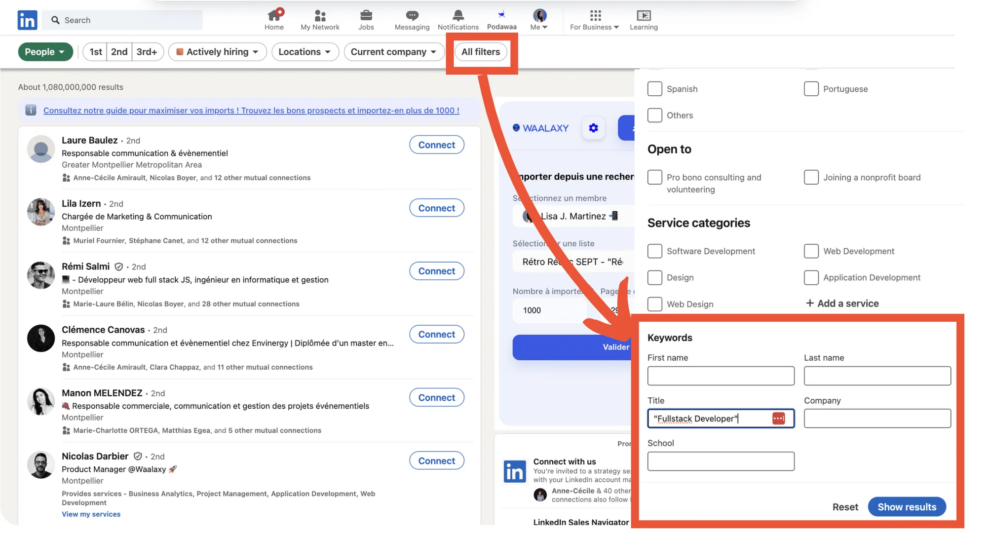 LinkedIn recherche prospects avec filtres Waalaxy