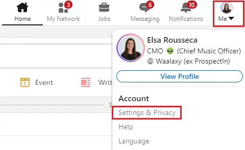 Menu paramètres confidentialité Waalaxy