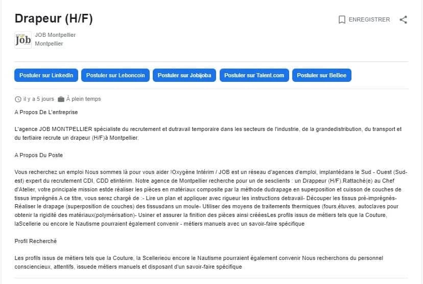 Page d'emploi pour un Drapeur (H/F) à Montpellier, avec des options de candidature sur divers sites.