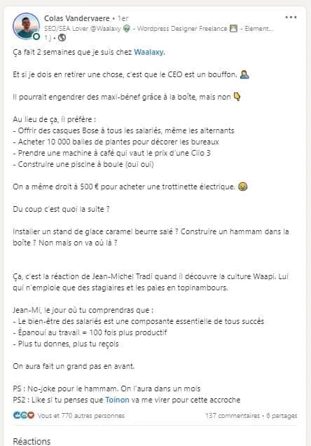 Capture d'écran de Facebook montrant un post de Colas Vandervaeve sur l'entreprise Waalaxy, mentionnant des idées et des projets futurs.